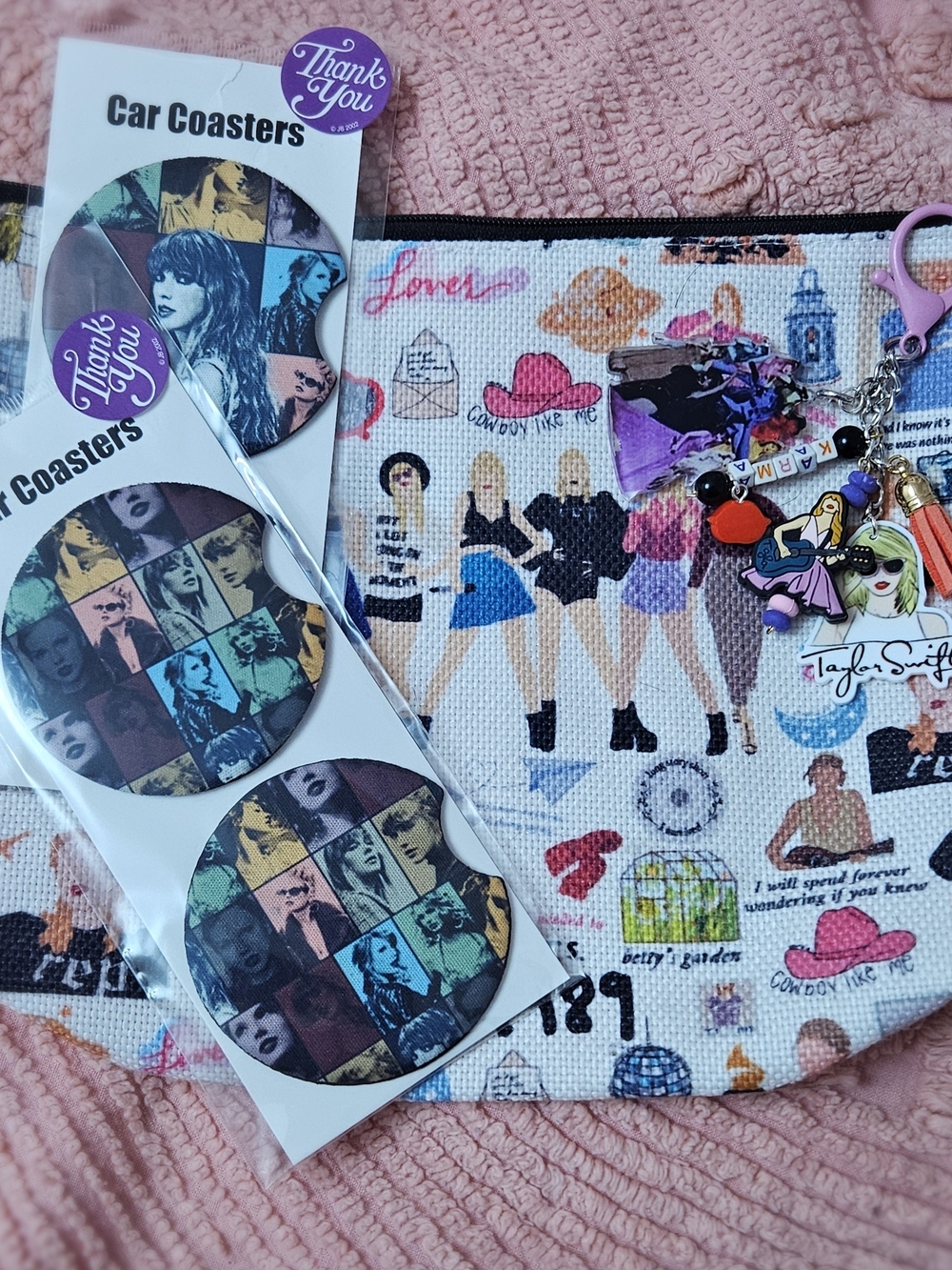 Taylor Swift Cosmetic Bag with Handmade Bag Charm & Car Coaster Set